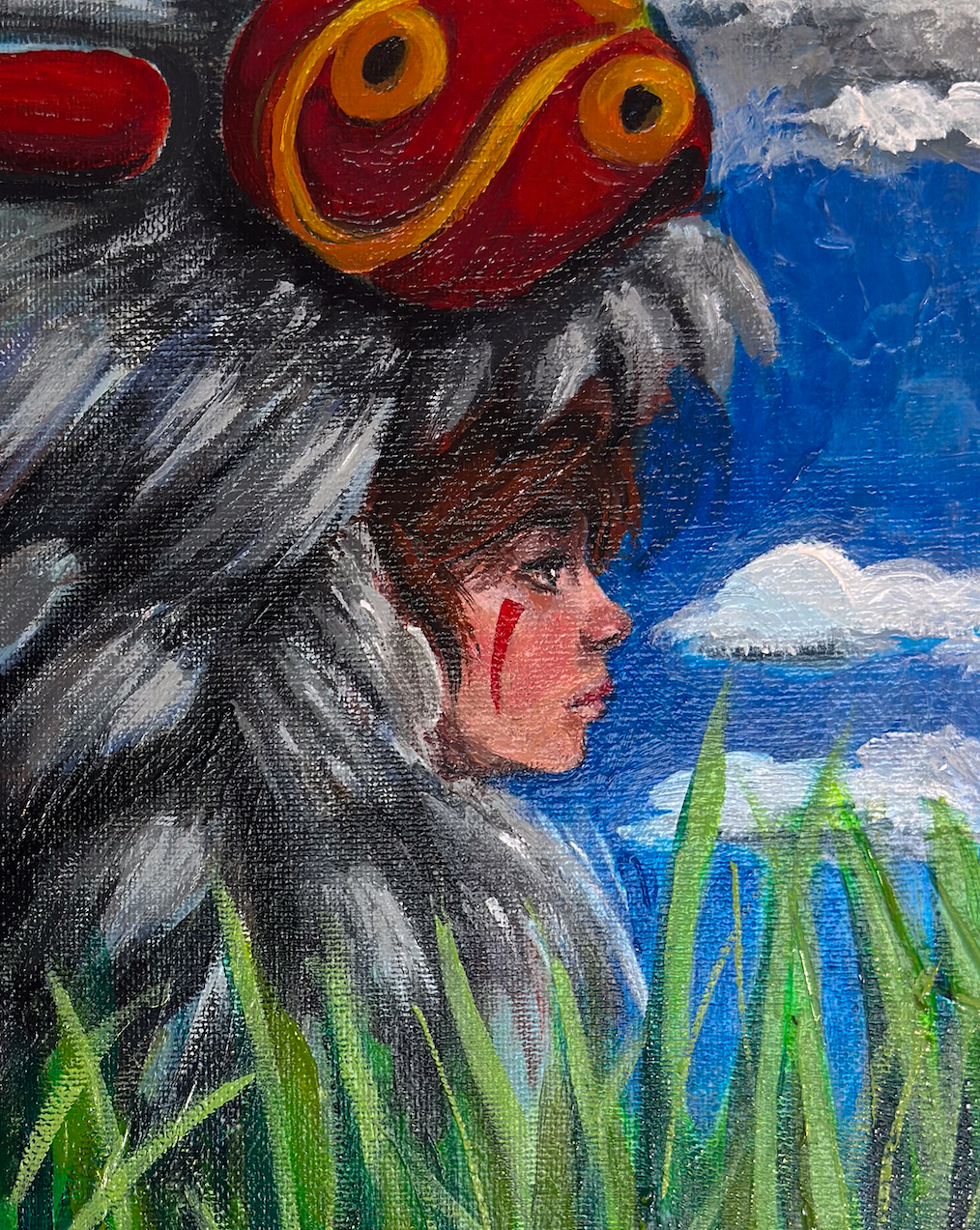 A painting titled 'Wolf Princess' featuring a person with a wolf-like hat in a field of grass with a cloudy sky in the background, executed in acrylic paint on canvas.